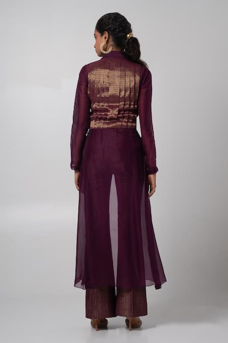 Shop_Advait_Purple Organza, Tissue, Jacquard V-neck Striped Woven Vest And Trouser Set _at_Aza_Fashions