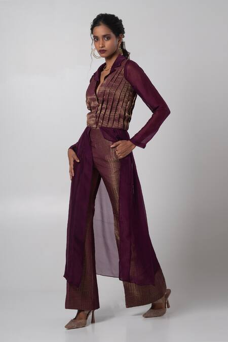 Advait_Purple Organza, Tissue, Jacquard V-neck Striped Woven Vest And Trouser Set _Online_at_Aza_Fashions