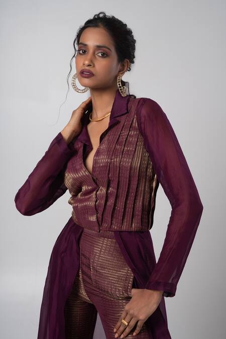 Buy_Advait_Purple Organza, Tissue, Jacquard V-neck Striped Woven Vest And Trouser Set _Online_at_Aza_Fashions