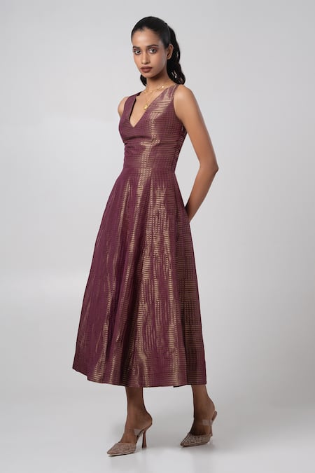 Advait_Purple Organza Zari V-neck Woven Striped Midi Dress _Online_at_Aza_Fashions