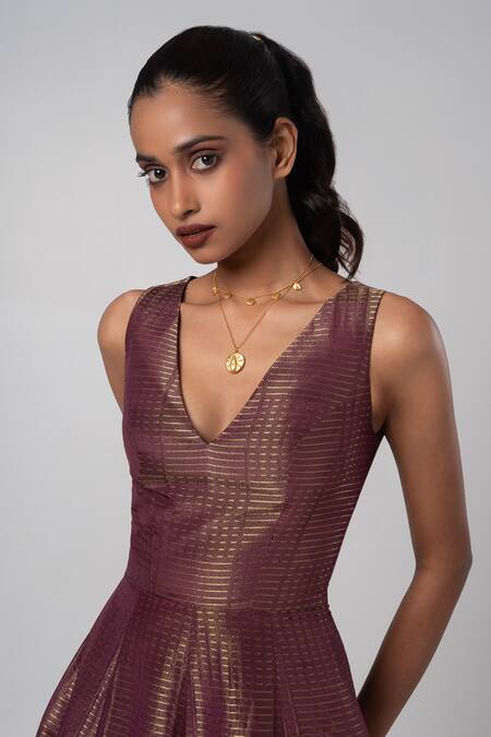 Buy_Advait_Purple Organza Zari V-neck Woven Striped Midi Dress _Online_at_Aza_Fashions
