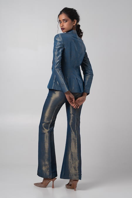 Shop Advait Blue Organza Zari Square Neck Stripe Blazer And Trouser Set at Aza Fashions Shop_Advait_Blue Organza Zari Square Neck Stripe Blazer And Trouser Set _at_Aza_Fashions