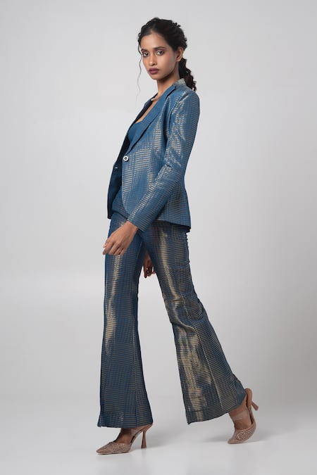 Advait Blue Organza Zari Square Neck Stripe Blazer And Trouser Set Online at Aza Fashions Advait_Blue Organza Zari Square Neck Stripe Blazer And Trouser Set _Online_at_Aza_Fashions