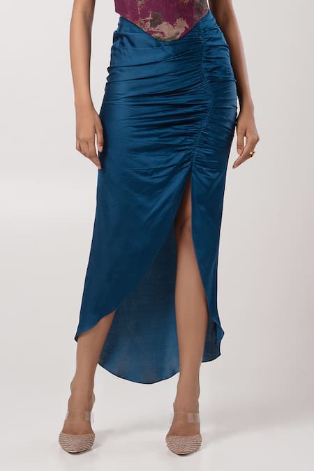 Advait_Maroon Habutai Printed Abstract Sweetheart Halter Blue Corset And Draped Skirt _Online_at_Aza_Fashions