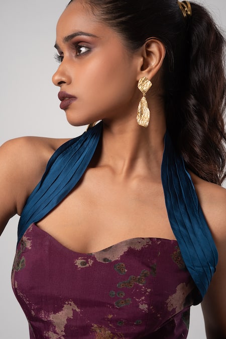 Shop_Advait_Maroon Habutai Printed Abstract Sweetheart Halter Blue Corset And Draped Skirt _Online_at_Aza_Fashions