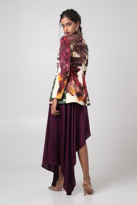 Shop_Advait_Purple Linen Satin Embroidered Abstract Patterned Blazer And Handkerchief Skirt _at_Aza_Fashions