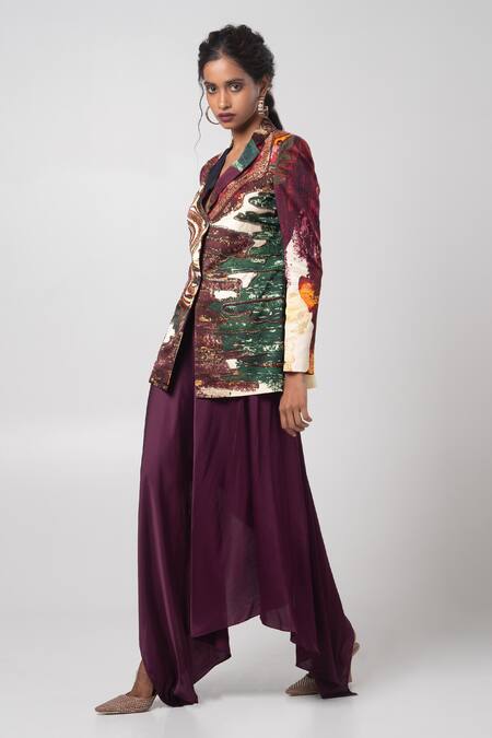 Buy_Advait_Purple Linen Satin Embroidered Abstract Patterned Blazer And Handkerchief Skirt _Online_at_Aza_Fashions