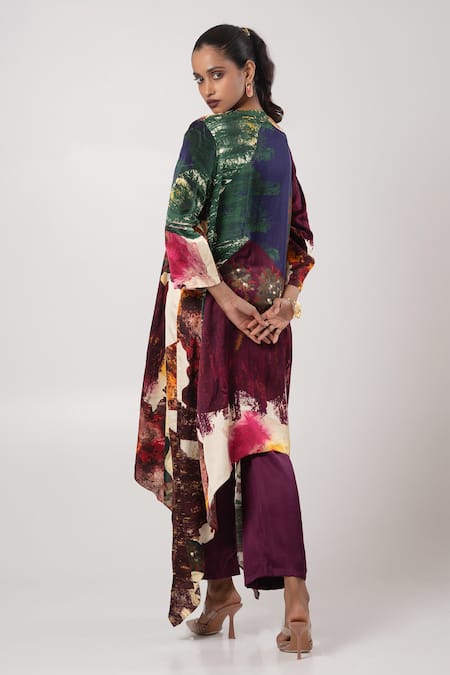 Shop Advait Multi Color Linen, Satin Open Neck Multicolor Abstract Asymmetric Kurta Set at Aza Fashions Shop_Advait_Multi Color Linen, Satin Open Neck Multicolor Abstract Asymmetric Kurta Set _at_Aza_Fashions