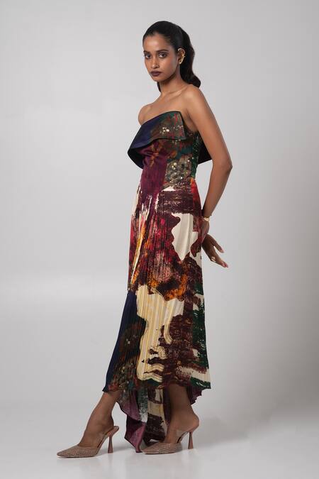 Advait_Multi Color Linen Satin Abstract Straight Fold Over Dress _Online_at_Aza_Fashions