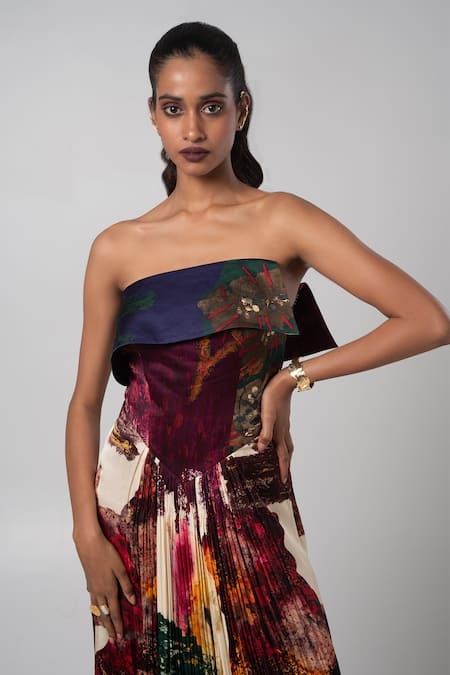 Buy_Advait_Multi Color Linen Satin Abstract Straight Fold Over Dress _Online_at_Aza_Fashions