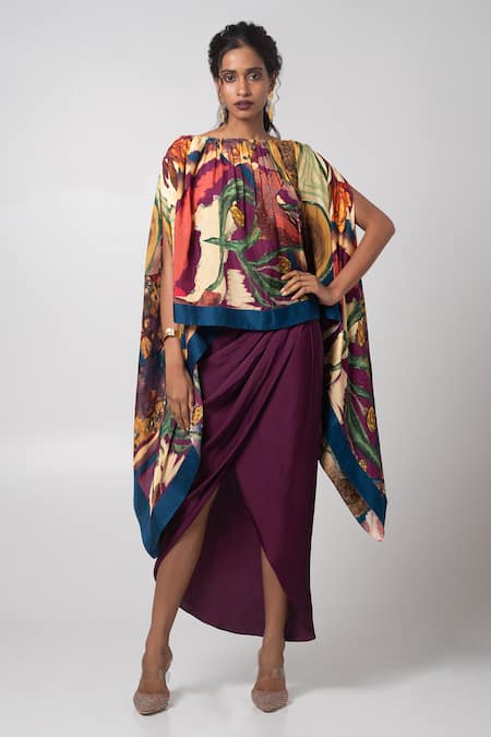 Advait Purple Abstract Poncho & Wrap Skirt Set 