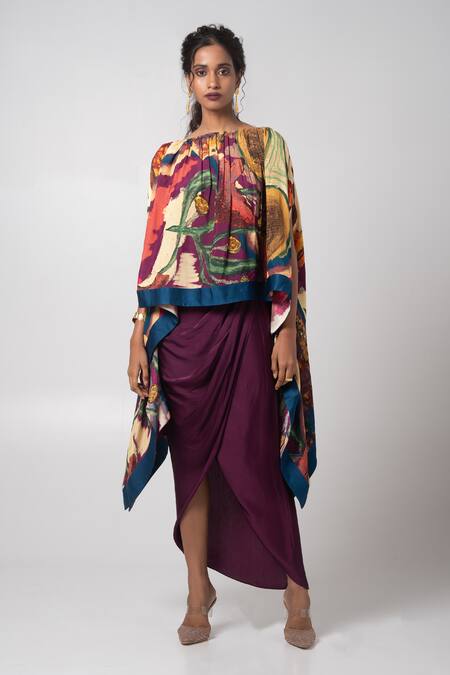 Advait Purple Habutai Abstract Round Poncho And Wrap Skirt Set Online at Aza Fashions Advait_Purple Habutai Abstract Round Poncho And Wrap Skirt Set _Online_at_Aza_Fashions