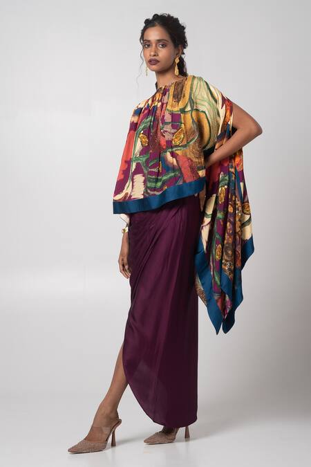 Buy Advait Purple Habutai Abstract Round Poncho And Wrap Skirt Set Online at Aza Fashions Buy_Advait_Purple Habutai Abstract Round Poncho And Wrap Skirt Set _Online_at_Aza_Fashions