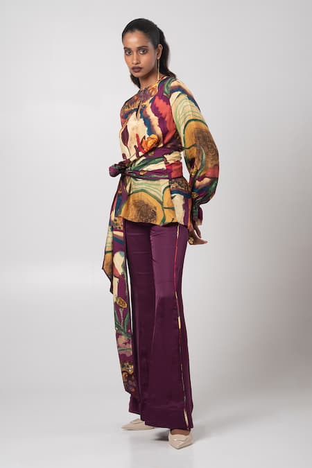 Advait Purple Linen Satin Abstract Round Dawn Tie-up Top And Trouser Set Online at Aza Fashions Advait_Purple Linen Satin Abstract Round Dawn Tie-up Top And Trouser Set _Online_at_Aza_Fashions