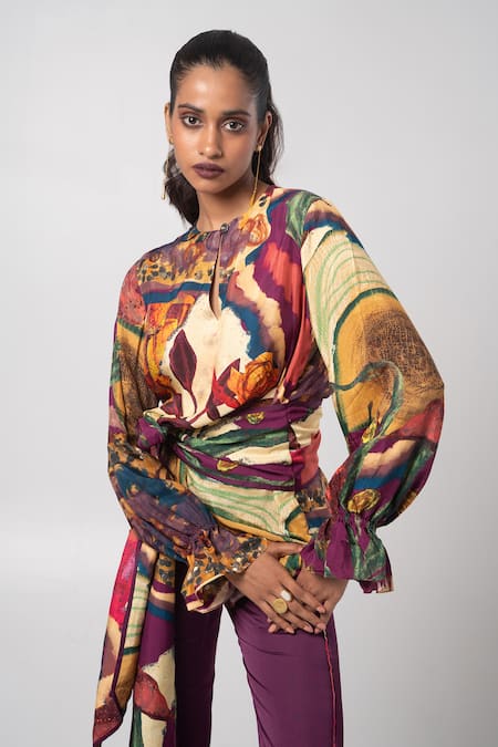 Buy Advait Purple Linen Satin Abstract Round Dawn Tie-up Top And Trouser Set Online at Aza Fashions Buy_Advait_Purple Linen Satin Abstract Round Dawn Tie-up Top And Trouser Set _Online_at_Aza_Fashions