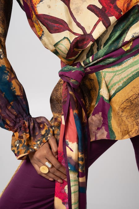 Shop Advait Purple Linen Satin Abstract Round Dawn Tie-up Top And Trouser Set Online at Aza Fashions Shop_Advait_Purple Linen Satin Abstract Round Dawn Tie-up Top And Trouser Set _Online_at_Aza_Fashions