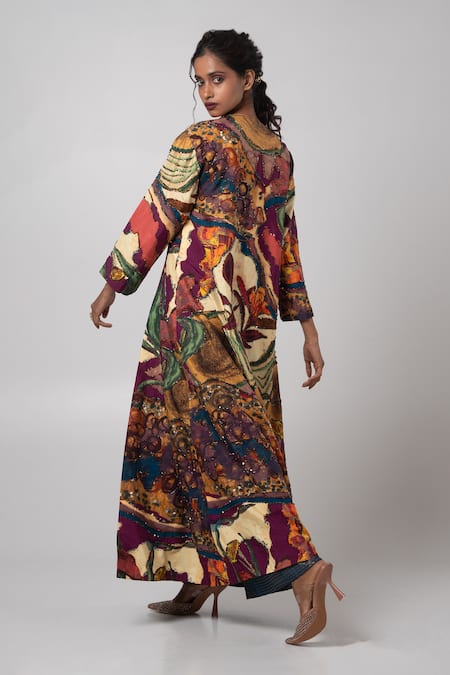 Shop Advait Blue Silk Beads, Sequins Abstract Pattern Trench Coat at Aza Fashions Shop_Advait_Blue Silk Beads, Sequins Abstract Pattern Trench Coat _at_Aza_Fashions