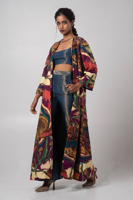 Advait Blue Silk Beads, Sequins Abstract Pattern Trench Coat Online at Aza Fashions Advait_Blue Silk Beads, Sequins Abstract Pattern Trench Coat _Online_at_Aza_Fashions