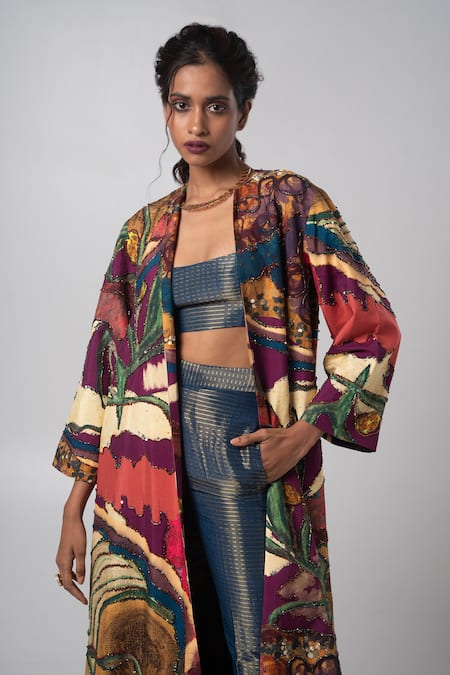 Buy Advait Blue Silk Beads, Sequins Abstract Pattern Trench Coat Online at Aza Fashions Buy_Advait_Blue Silk Beads, Sequins Abstract Pattern Trench Coat _Online_at_Aza_Fashions
