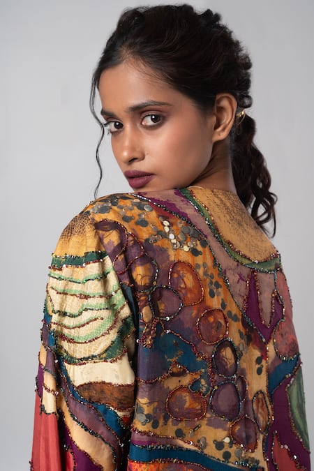 Shop Advait Blue Silk Beads, Sequins Abstract Pattern Trench Coat Online at Aza Fashions Shop_Advait_Blue Silk Beads, Sequins Abstract Pattern Trench Coat _Online_at_Aza_Fashions