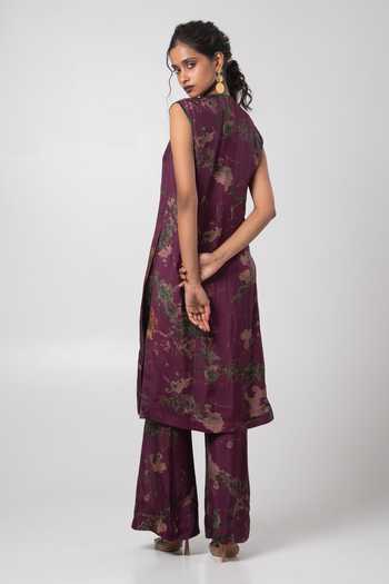 Shop Advait Purple Silk V-neck Abstract Printed Kurta Set at Aza Fashions Shop_Advait_Purple Silk V-neck Abstract Printed Kurta Set_at_Aza_Fashions