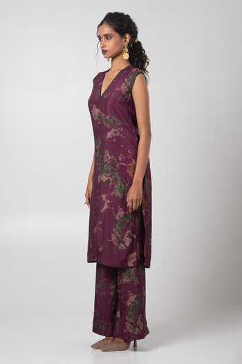 Buy Advait Purple Silk V-neck Abstract Printed Kurta Set Online at Aza Fashions Buy_Advait_Purple Silk V-neck Abstract Printed Kurta Set_Online_at_Aza_Fashions
