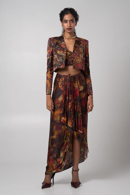 Advait Sepia Printed Crop Jacket Draped Skirt Set 