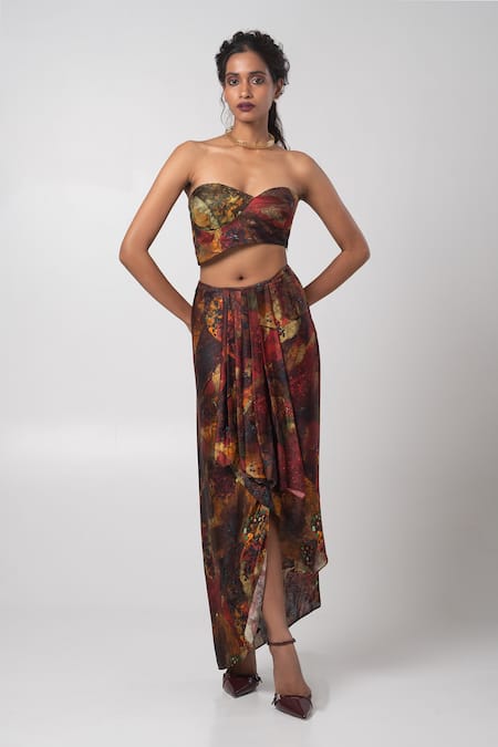 Advait_Brown Linen Satin Printed Abstract Crop Jacket Lapel Collar And Skirt Set _Online_at_Aza_Fashions