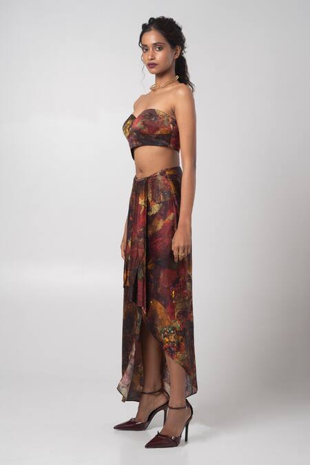 Buy_Advait_Brown Linen Satin Printed Abstract Crop Jacket Lapel Collar And Skirt Set _Online_at_Aza_Fashions