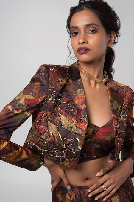 Shop_Advait_Brown Linen Satin Printed Abstract Crop Jacket Lapel Collar And Skirt Set _Online_at_Aza_Fashions