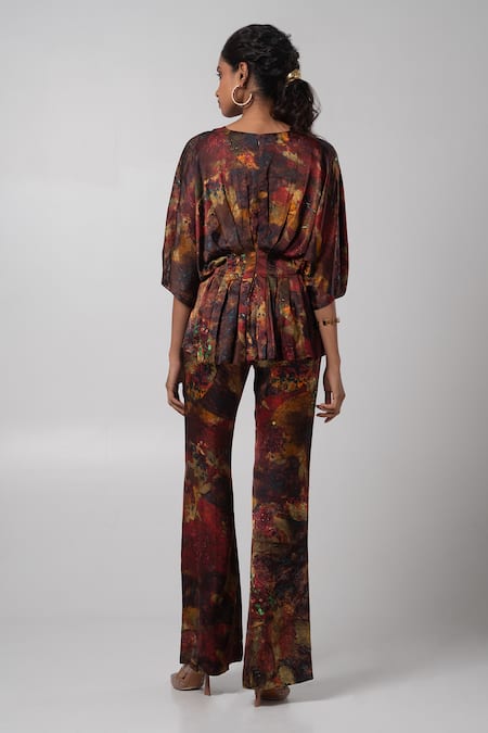 Advait Brown Abstract Printed Kimono Top & Trouser Set 