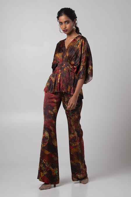Advait_Brown Linen Satin Printed Abstract V-neck Kimono Top And Trouser Set _Online_at_Aza_Fashions