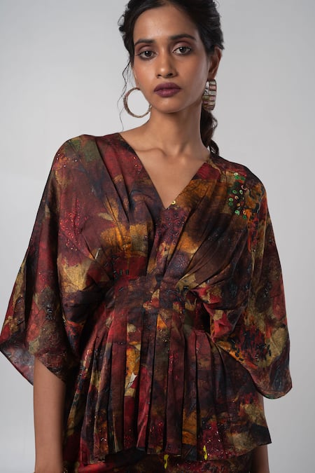 Buy_Advait_Brown Linen Satin Printed Abstract V-neck Kimono Top And Trouser Set _Online_at_Aza_Fashions