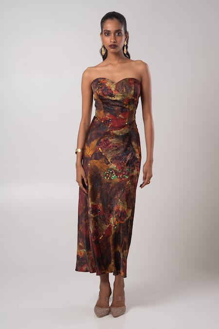 Shop_Advait_Brown Linen, Satin Sweetheart Neck Printed Corset And Skirt Set _Online_at_Aza_Fashions