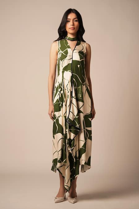 Advait_Green Rayon Twill Print Abstract Floral High Collar Asymmetric Dress _Online_at_Aza_Fashions