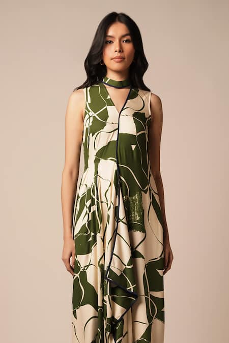 Buy_Advait_Green Rayon Twill Print Abstract Floral High Collar Asymmetric Dress _Online_at_Aza_Fashions