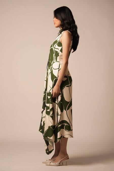 Shop_Advait_Green Rayon Twill Print Abstract Floral High Collar Asymmetric Dress _Online_at_Aza_Fashions