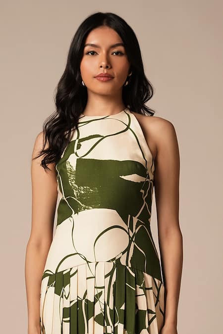 Advait_Green Rayon Twill Print Abstract Floral Halter Neck Maxi Dress _Online_at_Aza_Fashions