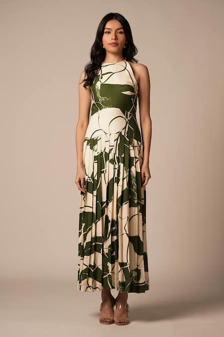 Buy_Advait_Green Rayon Twill Print Abstract Floral Halter Neck Maxi Dress _Online_at_Aza_Fashions