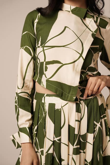 Buy Advait Green Rayon Twill Print Abstract Floral Collared Neck Top And Pleated Skirt Online at Aza Fashions Buy_Advait_Green Rayon Twill Print Abstract Floral Collared Neck Top And Pleated Skirt _Online_at_Aza_Fashions