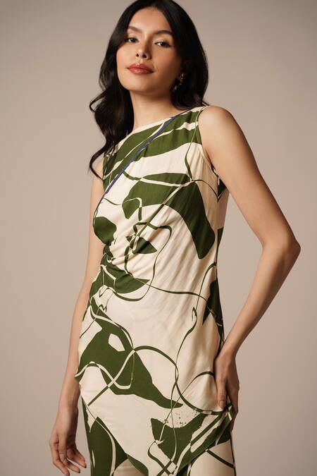 Buy_Advait_Green Rayon Twill Print Abstract Floral Round Neck Draped Top And Pant Set 