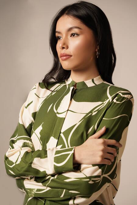 Advait_Green Rayon Twill Print Abstract Floral Chinese Collar Shirt _Online_at_Aza_Fashions