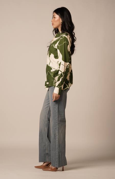 Buy_Advait_Green Rayon Twill Print Abstract Floral Chinese Collar Shirt _Online_at_Aza_Fashions