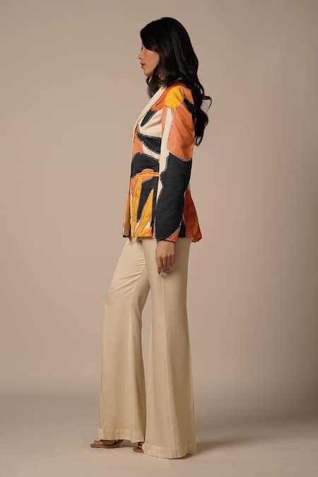 Advait Yellow Ecovero Twill Embroidery Abstract Patch Work Lapel Collar Blazer Online at Aza Fashions Advait_Yellow Ecovero Twill Embroidery Abstract Patch Work Lapel Collar Blazer _Online_at_Aza_Fashions