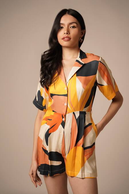 Advait_Yellow Ecovero Twill Print Abstract Collared Neck Jumpsuit _Online_at_Aza_Fashions