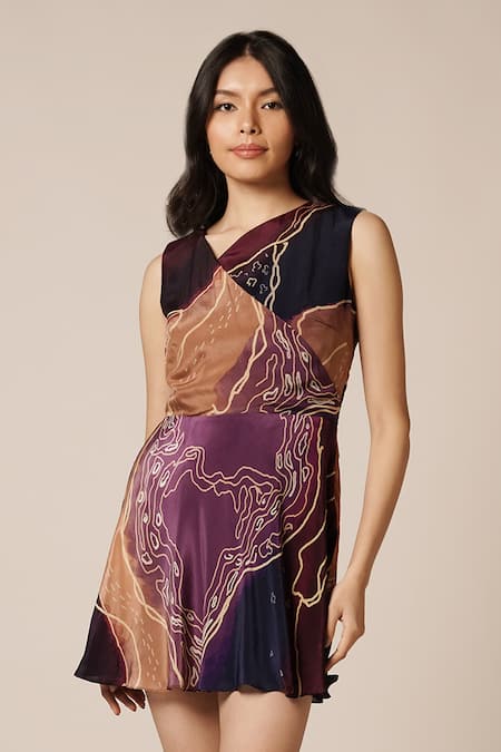Buy_Advait_Purple Natural Crepe Print Abstract Geometric Asymmetric Neck Dress _Online_at_Aza_Fashions