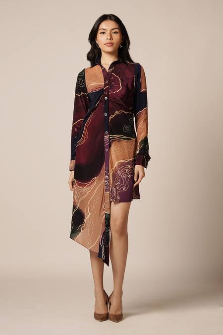 Advait_Purple Natural Crepe Print Abstract Geometric Collared Neck Asymmetric Dress _Online_at_Aza_Fashions