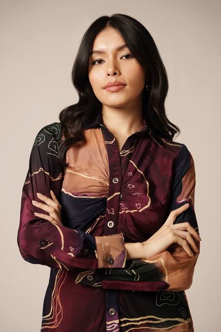 Advait_Purple Natural Crepe Print Abstract Geometric Collared Neck Asymmetric Dress _at_Aza_Fashions