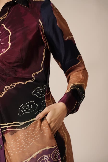 Buy_Advait_Purple Natural Crepe Print Abstract Geometric Collared Neck Asymmetric Dress 