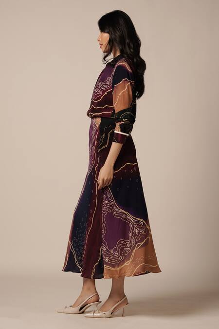 Advait_Purple Natural Crepe Print Abstract Geometric Collared Neck Shirt And Skirt Set _Online_at_Aza_Fashions